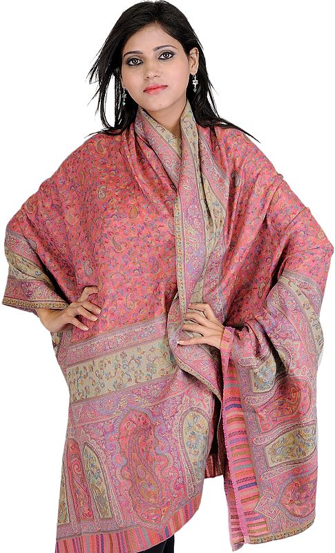Strawberry-Pink Kani Shawl with Woven Paisleys in Multi-Colored Thread