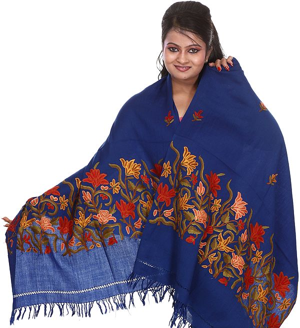 Dazzling-Blue Stole from Kashmir with Hand-Embroidered Flowers