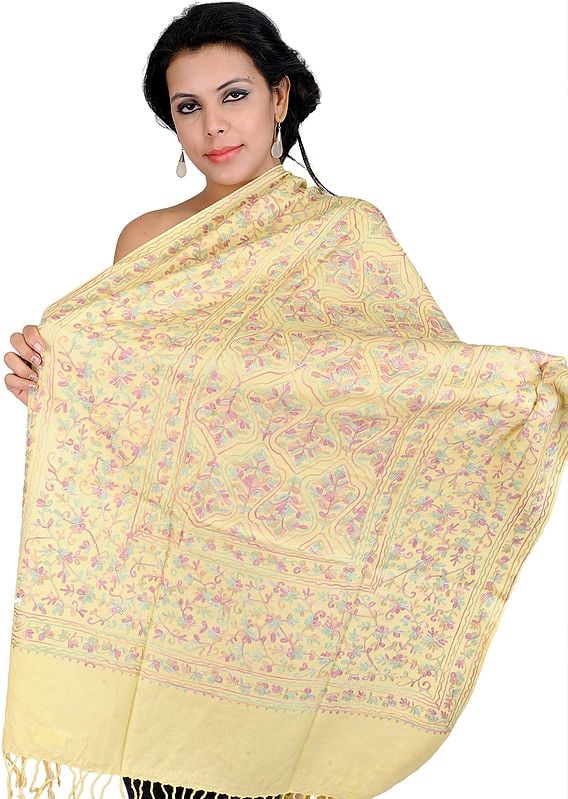 Mellow-Yellow Stole from Amritsar with Aari Embroidered Flowers