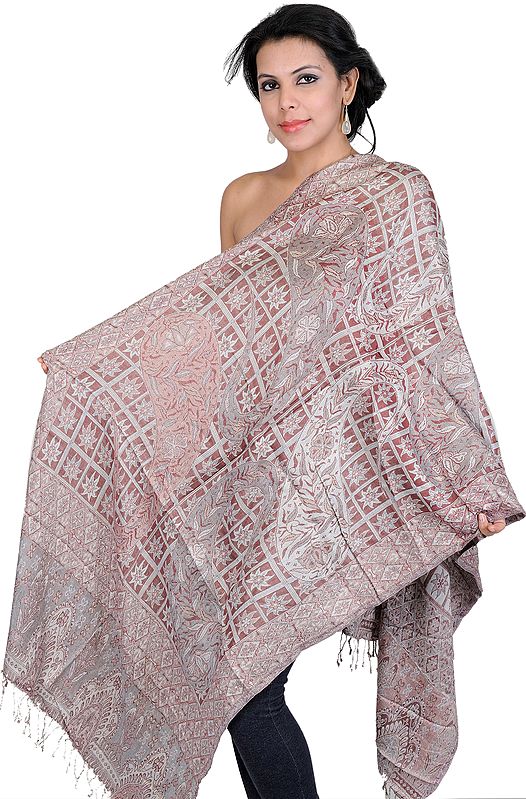 Antler-Brown and Gray Reversible Jamawar Stole with Large Woven Paisleys