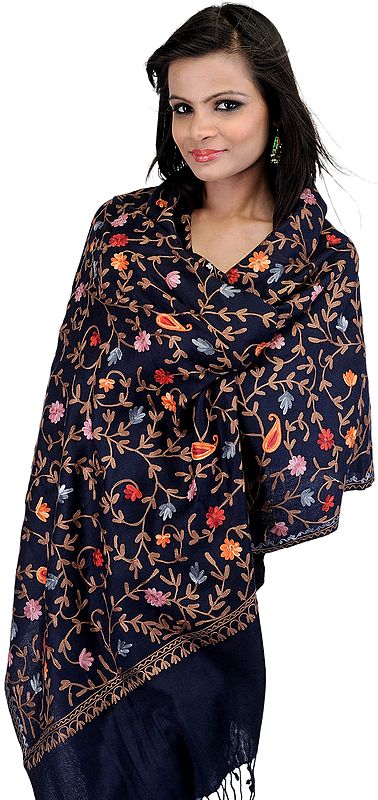 Navy-Blue Stole from Amritsar with Aari Embroidered Flowers and Paisleys