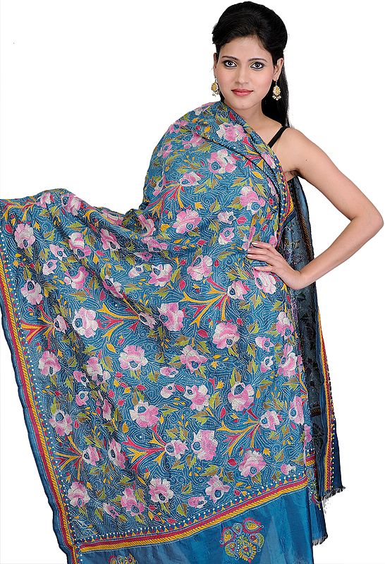 Provincial-Blue Dupatta from Kolkata with Kantha Stitch Embroidered Flowers