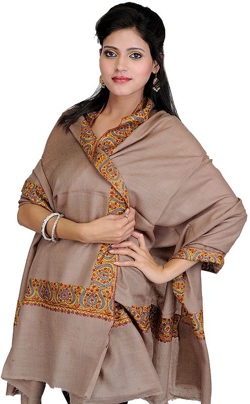 Chateau-Gray Plain Tusha Shawl from Kashmir with Hand Embroidery on Border