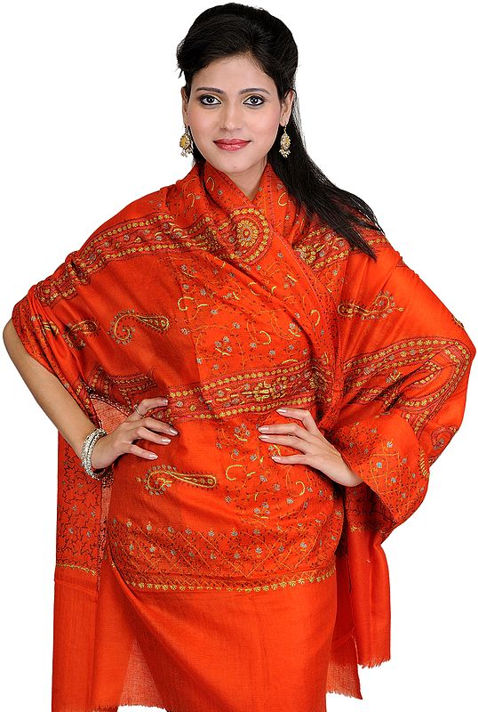 Flame-Orange Pure Pashmina Shawl from Kashmir with Sozni Embroidery by Hand
