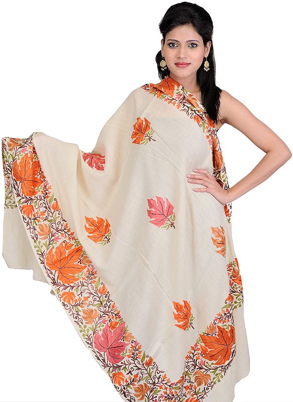 Ivory Shawl from Kashmir with Aari Embroidered Maple Leaves