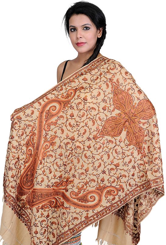 Stole from Kashmir with Hand-Embroidered Giant Paisleys All-Over