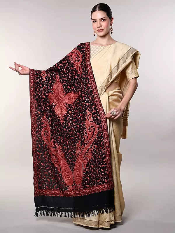 Stole from Kashmir with Aari Hand-Embroidered Giant Paisleys All-Over