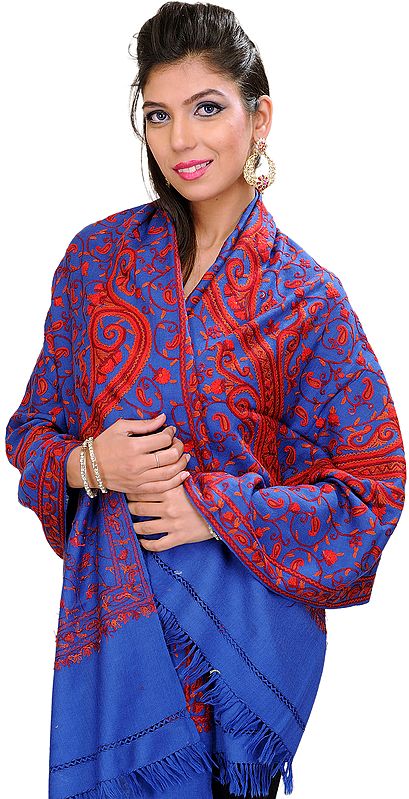 Stole from Kashmir with Hand-Embroidered Giant Paisleys All-Over