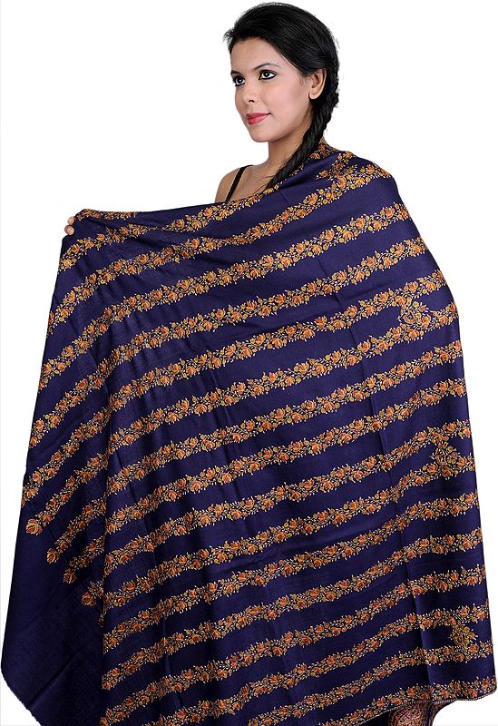 Navy-Blue Kashmiri Shawl with Needle Stitch Embroidered Flowers All-Over