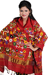 Shawl from Kutch with Embroidered Flowers and Mirrors