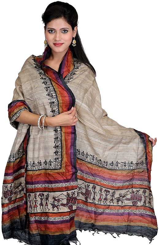 Feather-Gray Dupatta with Printed Figures Inspired by Warli Art