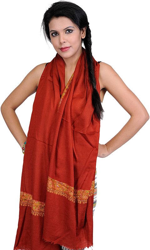 Tango-Red Plain Stole from Kashmir with Hand Embroidered Flowers on Border