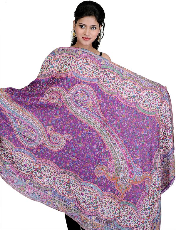 Sunset-Purple Kani Shawl with Woven Paisleys and Flowers in Multi-Color Thread
