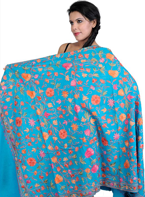 Cendre-Blue Shawl from Kashmir with Aari Embroidered Flowers by Hand