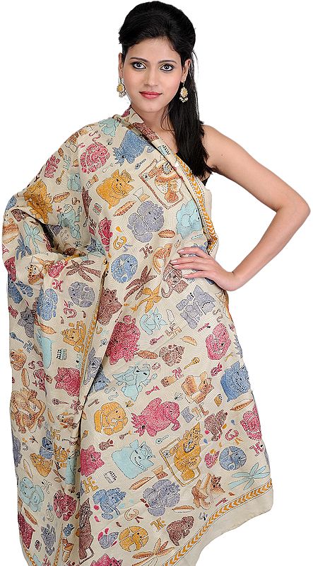 Many Facets of Ganesha - Kantha Hand-Embroidered Dupatta from Bengal