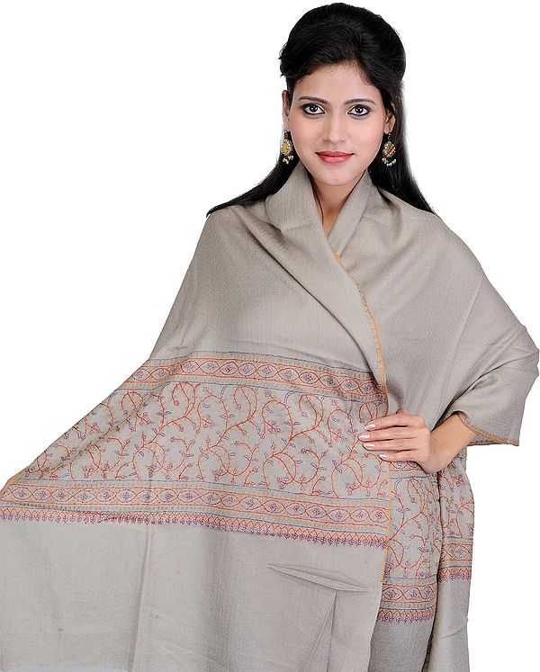 Neutral-Gray Pashmina Stole from Kashmir with Sozni Hand Embroidery on Border