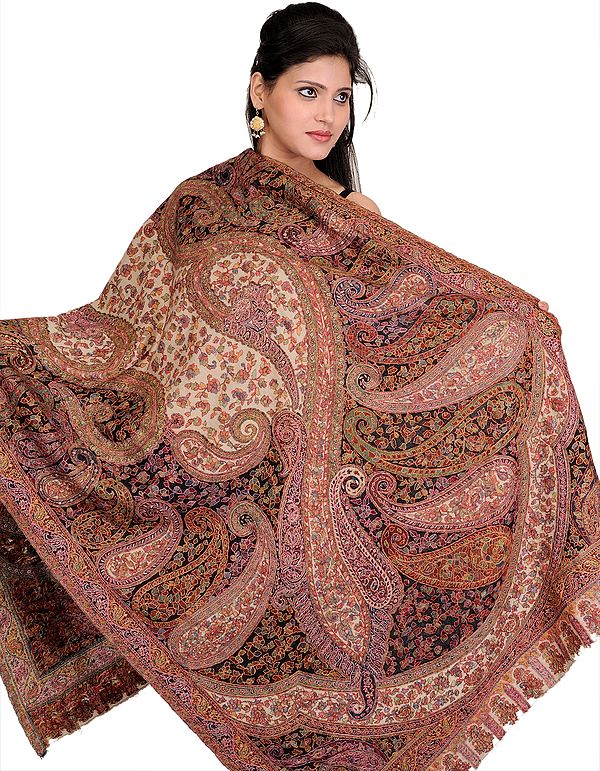Beige and Black Fine Wool Kani Shawl with Kalamkari Needle Embroidery by Hand
