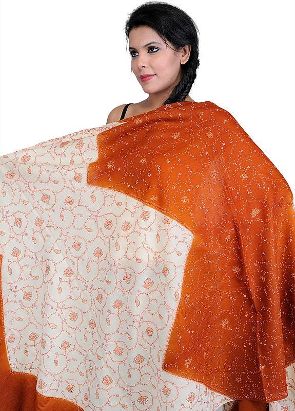 Ivory and Rust Shawl from Amritsar with Needle Stitch Embroidered Flowers