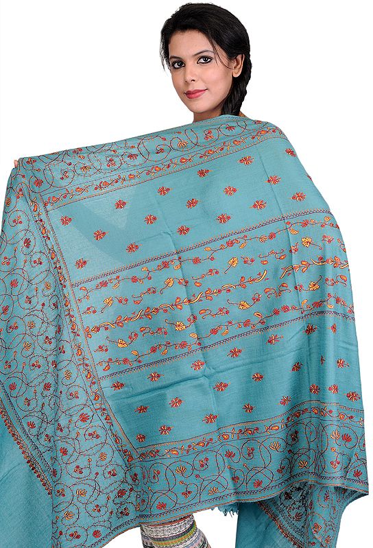 Dusty-Turquoise Pashmina Shawl from Kashmir with Sozni Embroidery by Hand