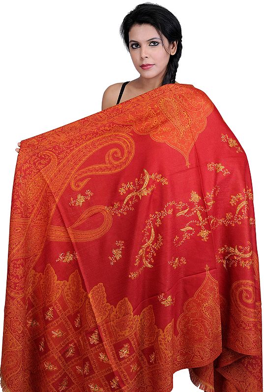Crimson-Red Shawl from Amritsar with Needle Stitch Embroidery