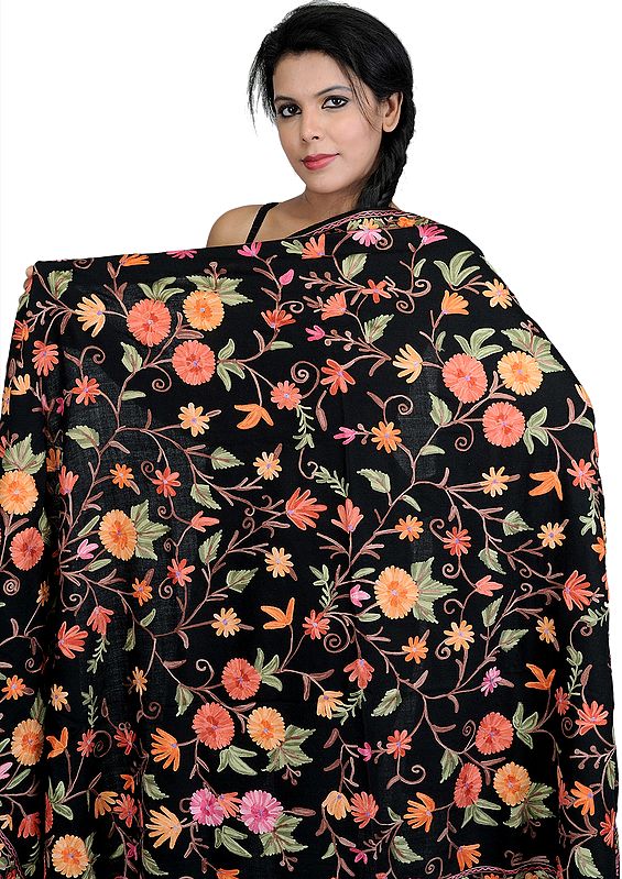 Black Shawl from Kashmir with Aari Embroidered Flowers All-Over