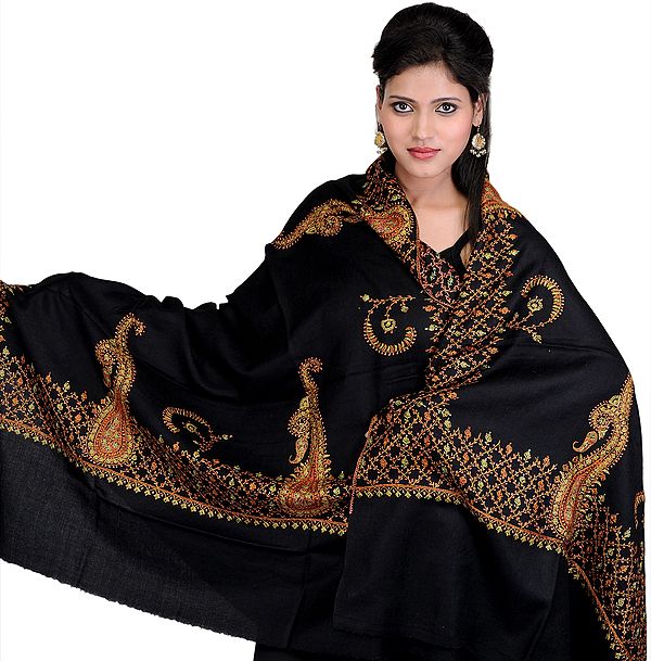 Black Shawl from Kashmir with Sozni Giant Embroidered Paisleys on Border