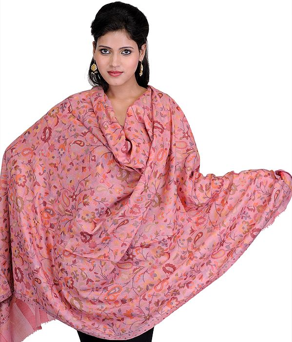 Strawberry-Pink Fine-Wool Kani Shawl with Woven Paisleys and Flowers
