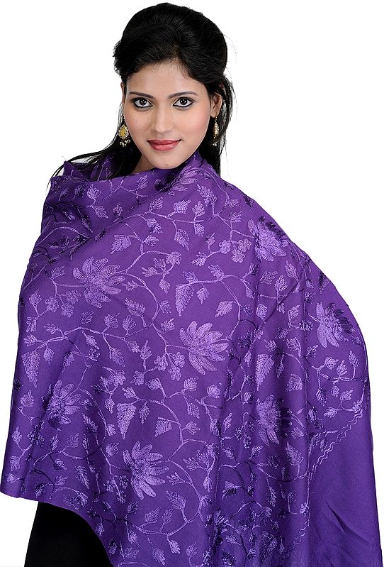 Prism-Violet Stole from Amritsar with Embroidered Flowers in Self-Colored Thread