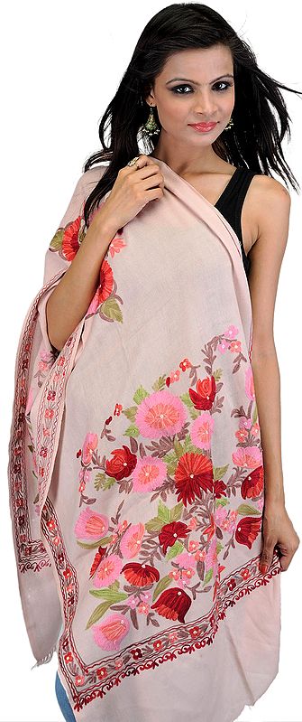 Peach Stole from Kashmir with Aari Embroidered Flowers