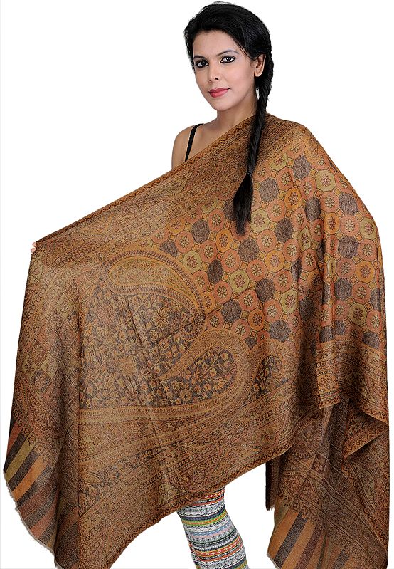 Brown Cashmere Stole with Giant Woven Paisleys