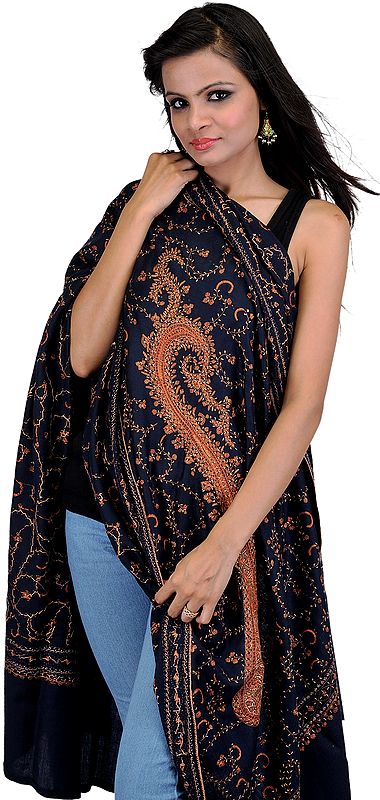 Navy-Blue Shawl from Kashmir with Sozni Giant Embroidered Paisleys