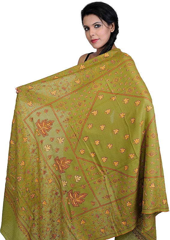 Olive-Green Tusha Shawl from Kashmir with Sozni Embroidered Maple Leaves by Hand