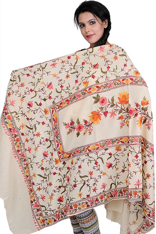 Ivory Shawl from Kashmir with Aari Embroidered Flowers All-Over