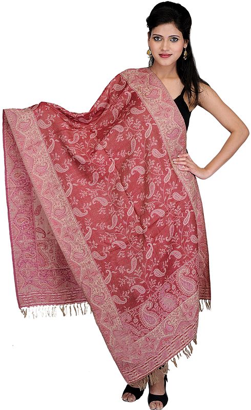Slate-Rose Reversible Jamawar Stole with Woven Paisleys and Flowers
