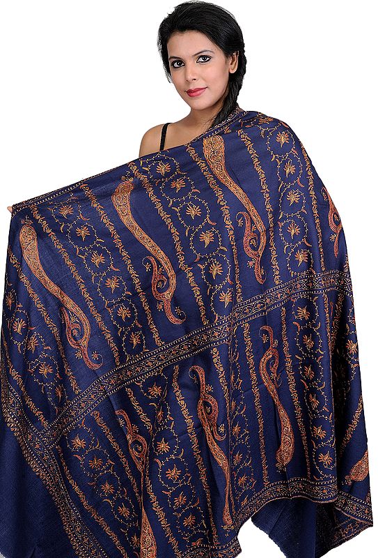 Navy-Blue Tusha Shawl from Kashmir with Sozni Giant Embroidered Paisleys