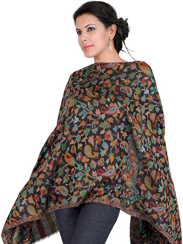 Black Kani Stole with Woven Paisley in Multi-Colored Thread