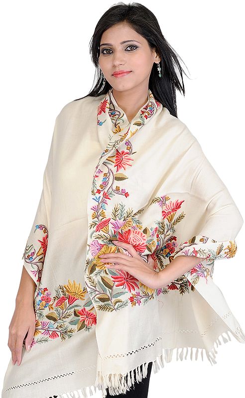 Winter-White Stole from Kashmir with Hand Embroidered Flowers on Border