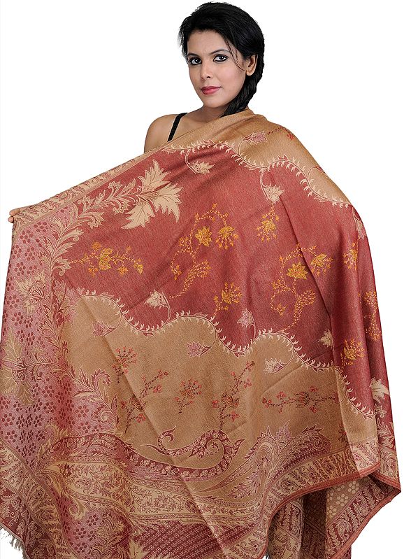 Picante and Taffy Jamawar Shawl with Woven Paisleys and Needle Embroidery