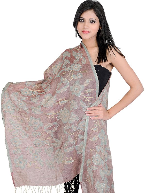 Henna-Brown Jamawar Stole with Large Woven Flowers