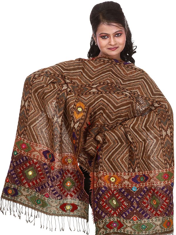 Brown-Sugar Jamawar Stole with Zig-Zag Weave and Embroidered Mirrors
