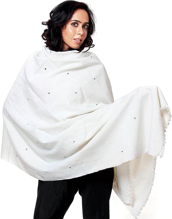 Bright-White Plain Shawl from Kutchh with Embroidered Mirrors