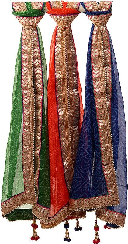 Lot of Three Tie-Dye Leheria Dupattas from Jodhpur with Gota Border