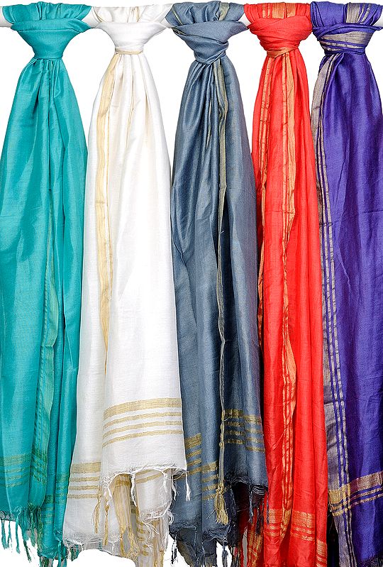 Lot of Five Plain Dupattas from Jharkhand with Woven Stripes on Border