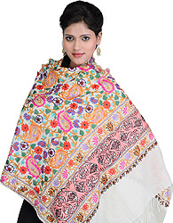 Jamawar Stole from Amritsar with Multi-Color Embroidery Over