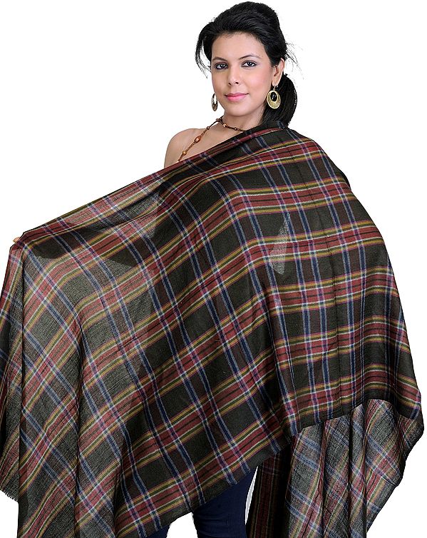 Double-Sided Cashmere Stole with Woven Checks