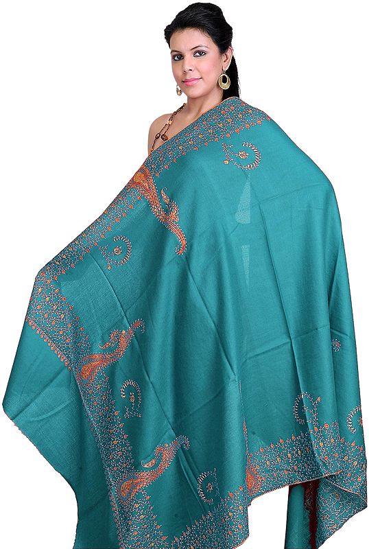 Mavi-Blue Tusha Shawl with Sozni Embroidered Paisleys on Border