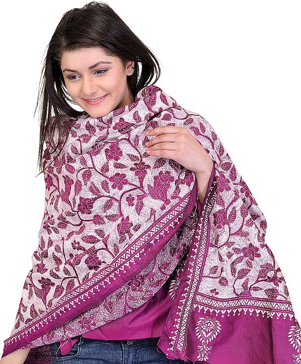 Bright-Rose Dupatta from Kolkata with Kantha Embroidery by Hand