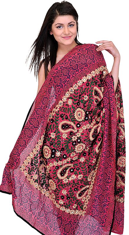 Embroidered Phulkari Dupatta from Punjab with Sequins