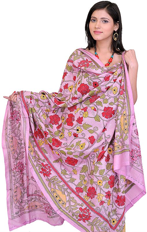Rose-Pink Kantha Dupatta with Embroidered Flowers All Over
