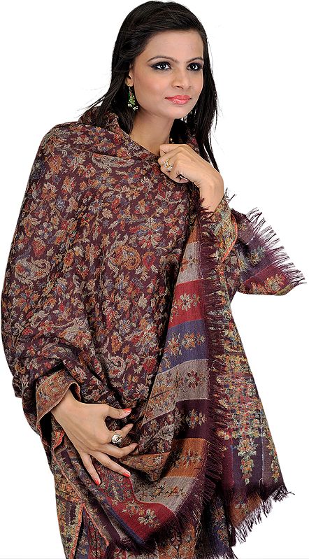 Raisin-Brown Kani Shawl with Flowers Woven in Multi-Colored Thread